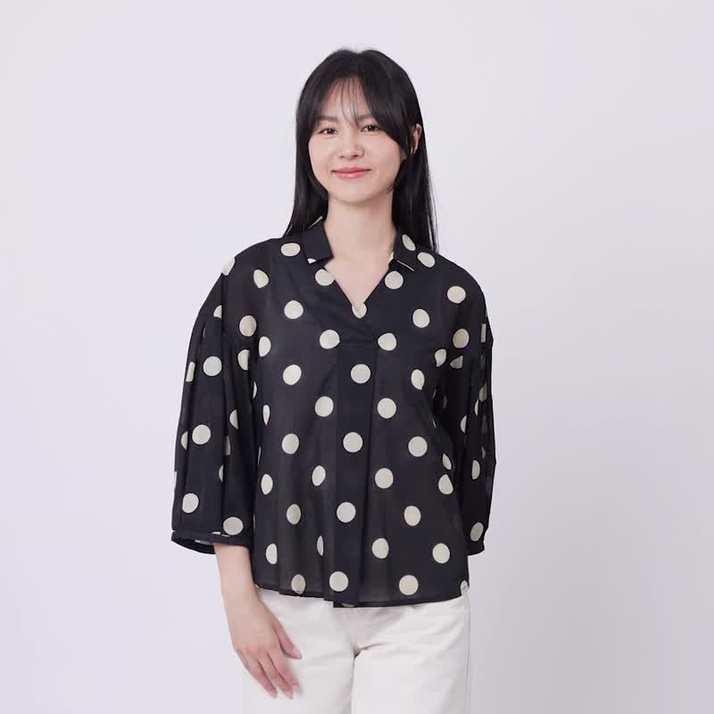 Angie大黑圓有領小拋袖襯衫上衣 - 女装衬衫 - 棉 黑色