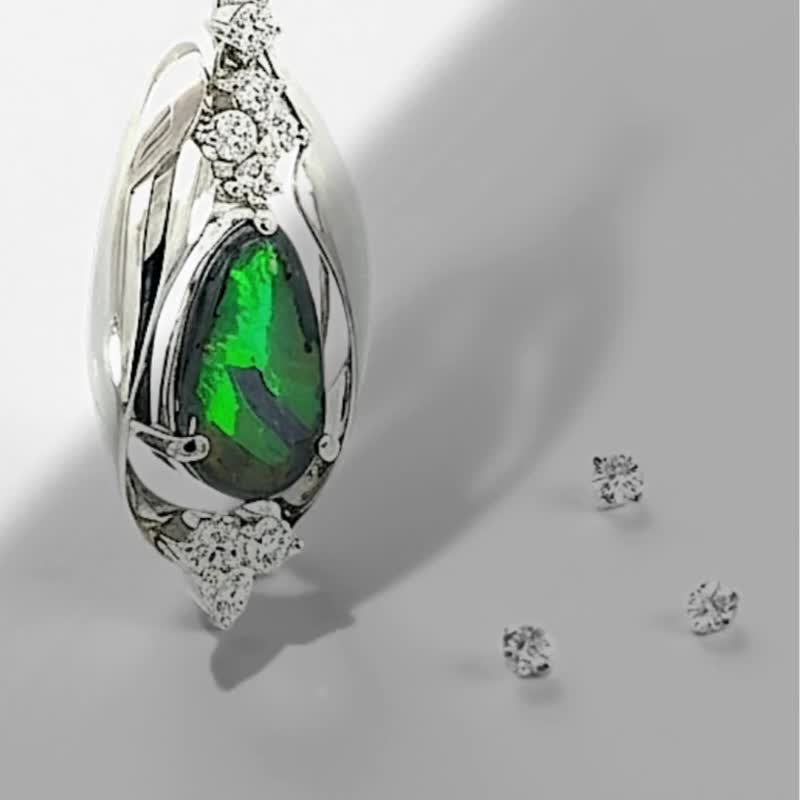 顶级铂金 天然澳洲黑蛋白石链坠 Black Opal Diamond Necklace - 项链 - 贵金属 