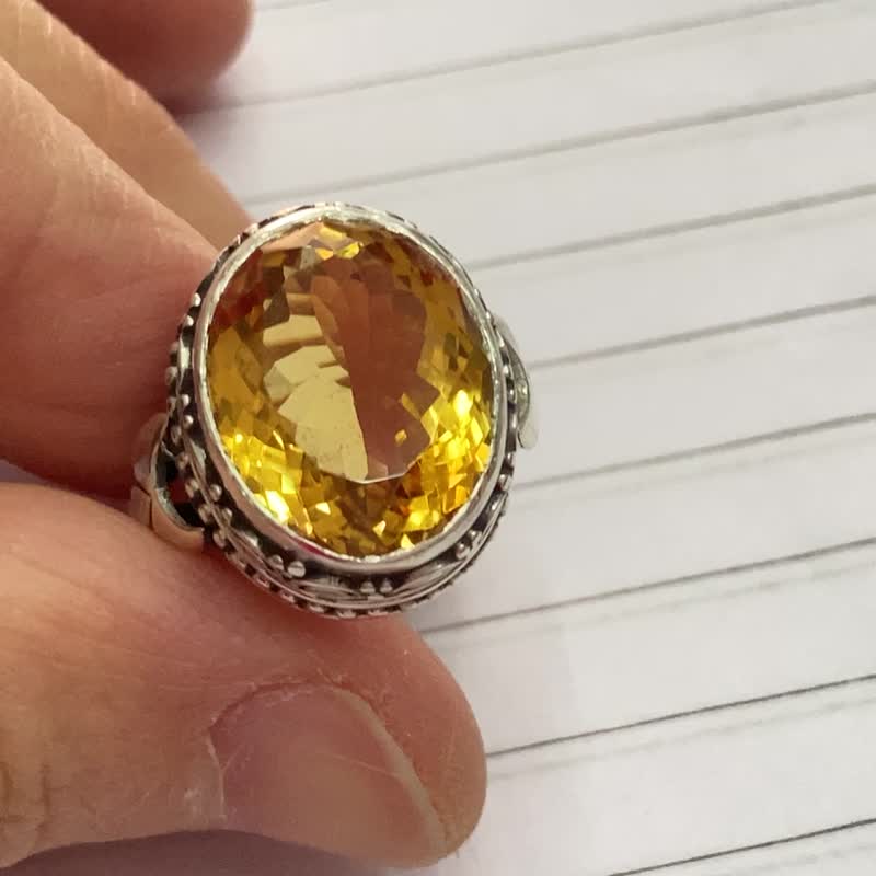 天然 黄水晶 戒指 尼泊尔 手工制 925纯银 - 戒指 - 水晶 黄色
