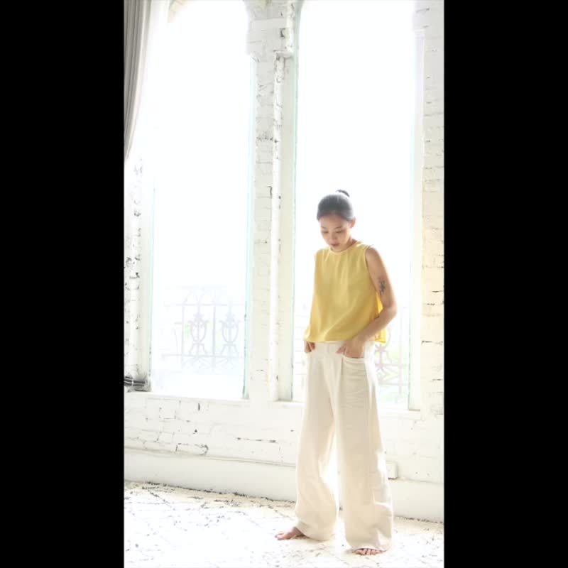 OMAKE 交叠后扣背心上衣 / 棉麻 灰蓝绿 - 女装背心 - 棉．麻 蓝色