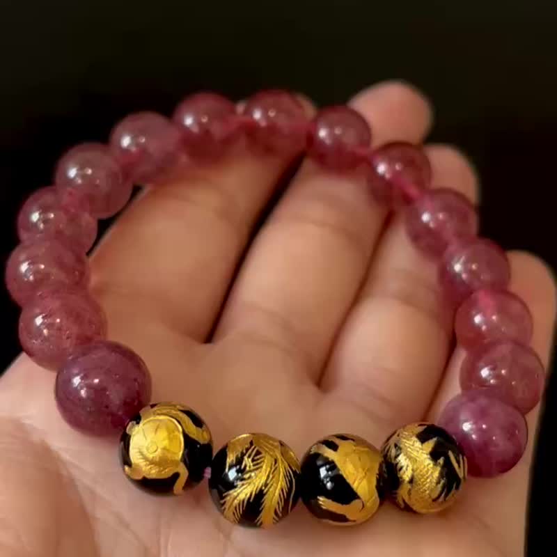 日本人气 金雕四神兽黑玛瑙 草莓晶 蔷薇辉 水晶手串 人缘加持 - 手链/手环 - 半宝石 红色