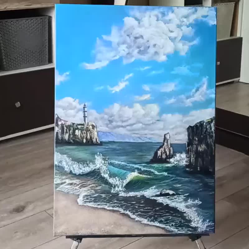 海景原创绘画油彩画布 70x50cm 灯塔海滨艺术品 - 海报/装饰画/版画 - 其他材质 多色