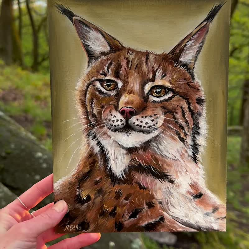 Lynx painting Bobcat original acrylic art on cardboard 18x24 cm Big cat wall art - 墙贴/壁贴 - 纸 绿色
