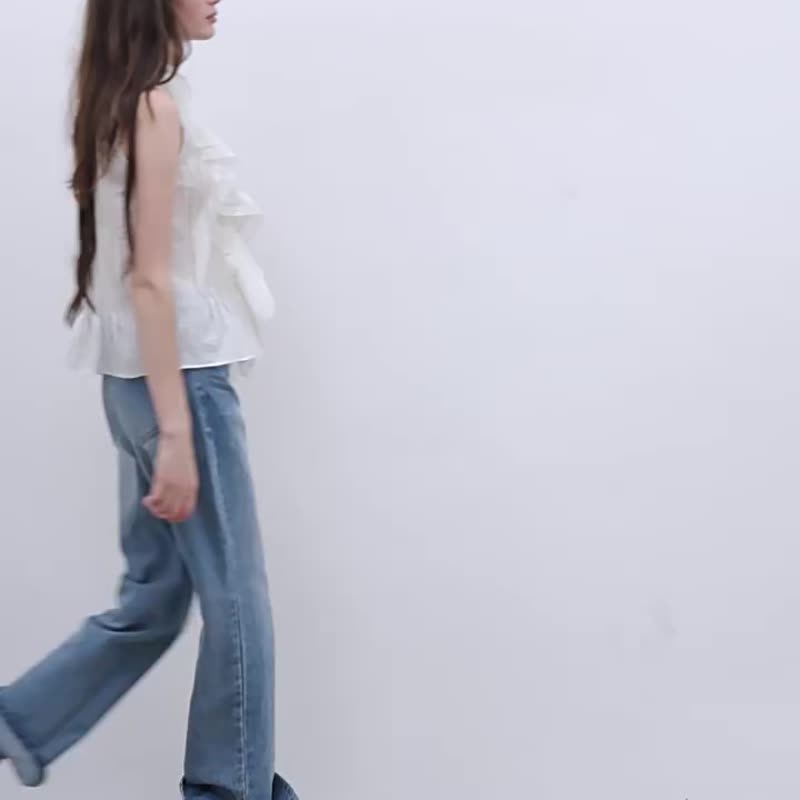 珍珠白 法式復古立體泡泡襯衫 皺荷葉花邊馬甲背心 - 女装衬衫 - 棉．麻 白色