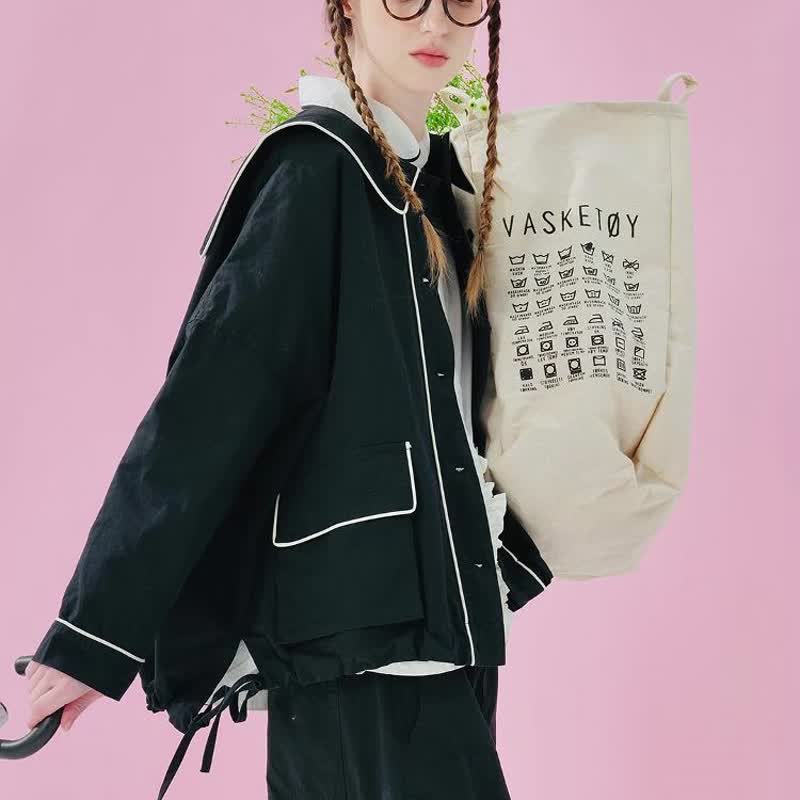 黑色海军领纯棉外套 / 衬衫 - 女装衬衫 - 棉 黑色
