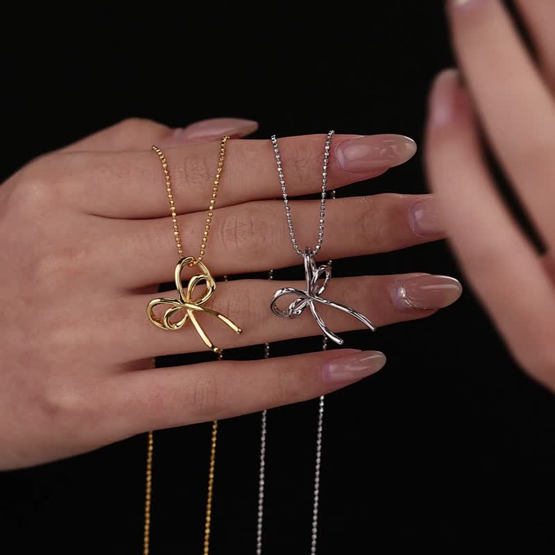 蝴蝶结纯银可调节长项链 - 长链 - 纯银 金色
