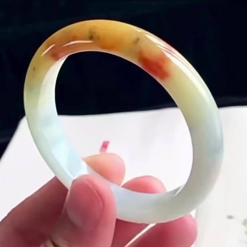 冰种 天然翡翠 缅甸 A玉 玉镯 • 飘黄翡翠福镯 - 手链/手环 - 玉石 橘色