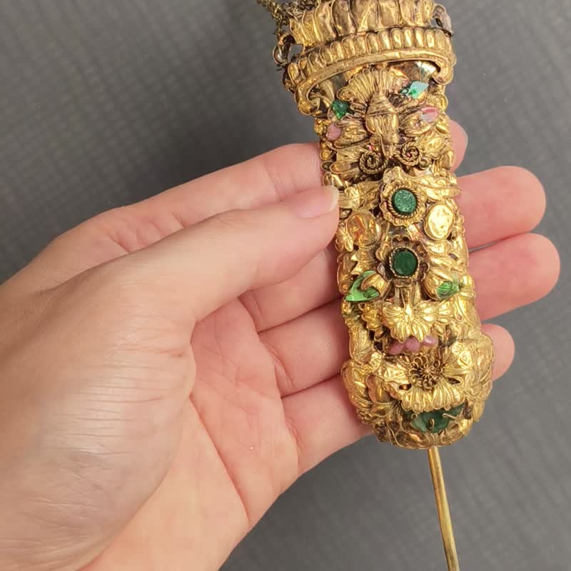 老鎏金花卉蝴蝶流苏发簪– 古董发饰 - 纯古董 SA-028 - 其他 - 银 金色