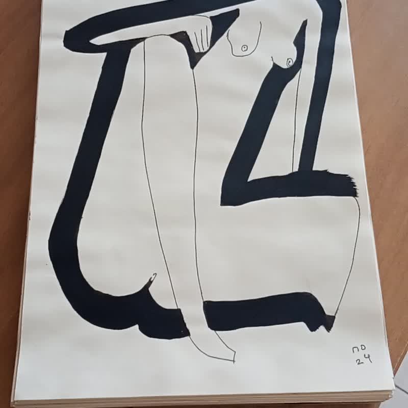 坐在膝盖上的裸体水墨画现代风格，膝盖恋物癖艺术绘画 - 海报/装饰画/版画 - 纸 白色