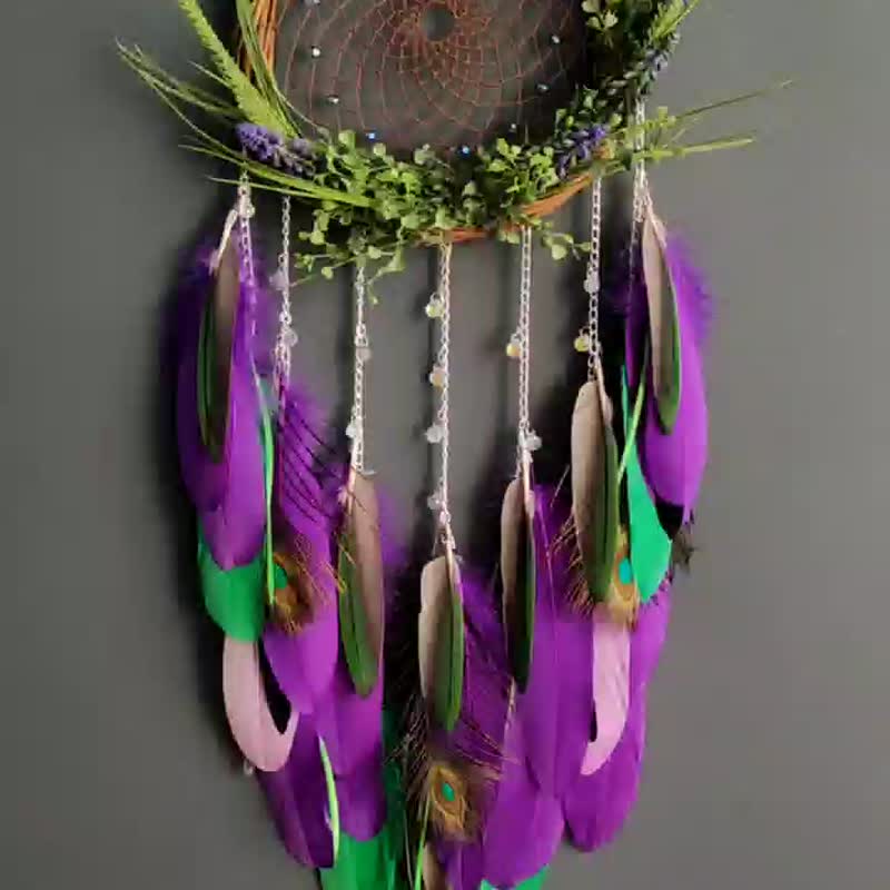Large Handmade OOAK Willow Dream Catcher Floral Wall Hanging Wreath - นักล่าฝัน - 墙贴/壁贴 - 玻璃 紫色