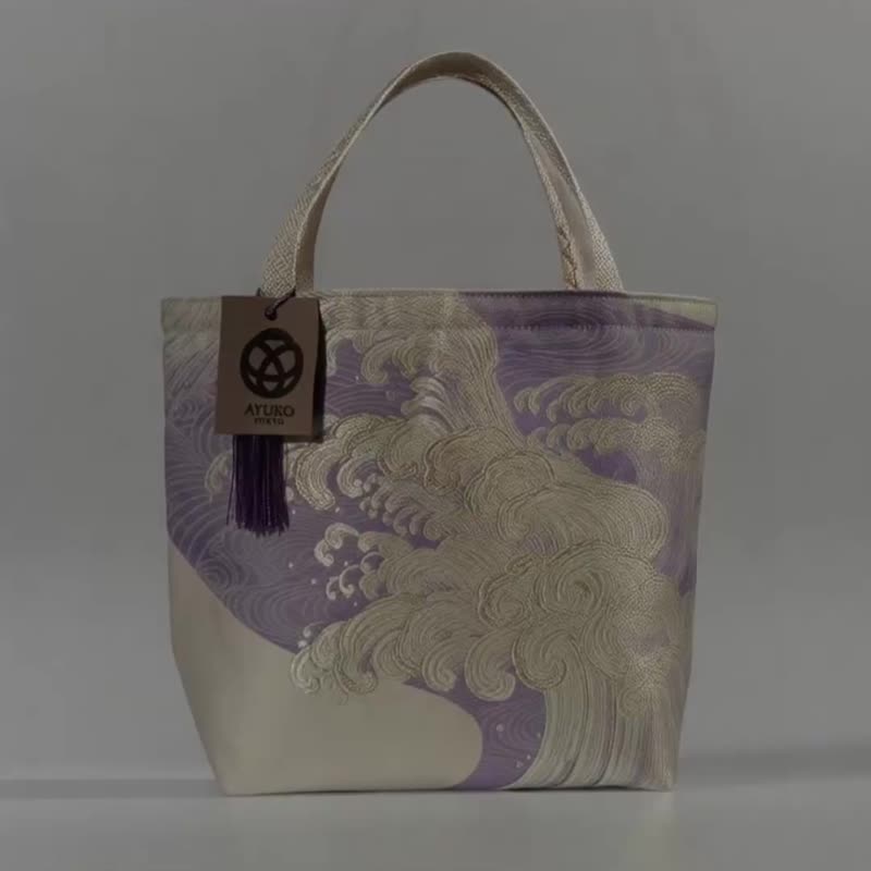 独一无二真丝和服带托特包, 手工刺绣环保改造日本手袋 - 手提包/手提袋 - 丝．绢 白色