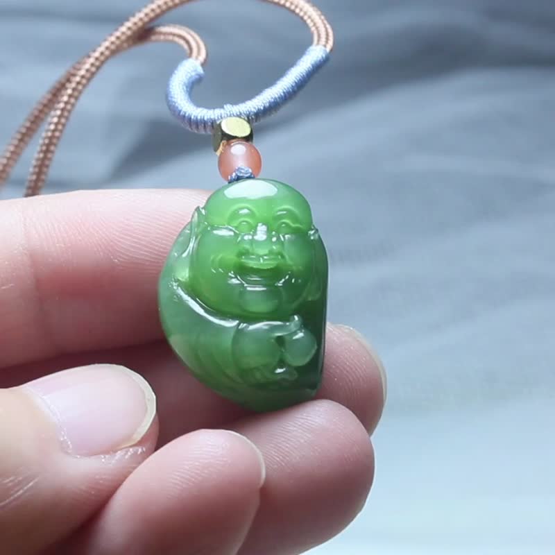 【弥勒佛】天然碧玉吊坠/大肚佛项链/笑口常开玉石挂件/手工 - 项链 - 玉石 绿色