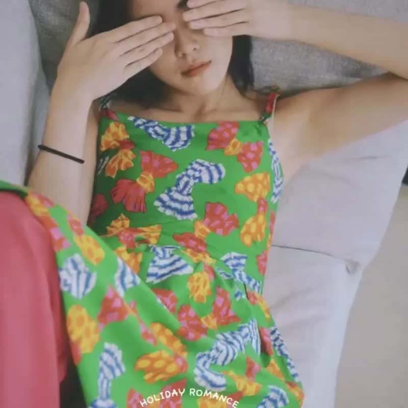 古着绿底彩色蝴蝶结细肩洋装 - 洋装/连衣裙 - 其他材质 多色