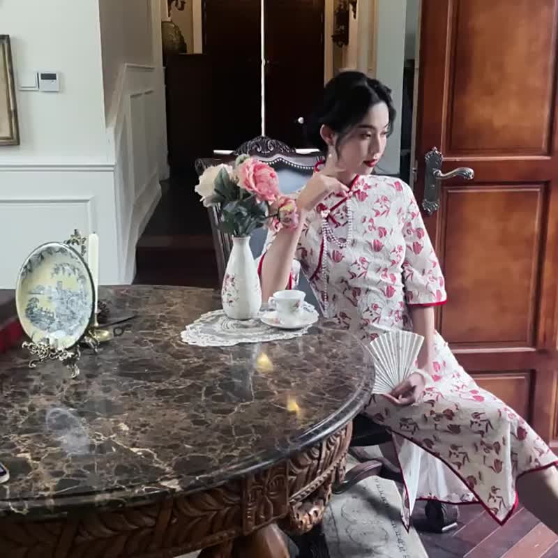 奶油白色 合歡 蕾絲改良年輕款旗袍 復古風新中式訂婚敬酒禮服 - 旗袍 - 聚酯纤维 白色