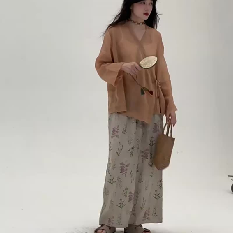 米色係 亞麻開叉植物半身裙子 復古小清新寬松休閒中長裙 - 裙子 - 棉 卡其色