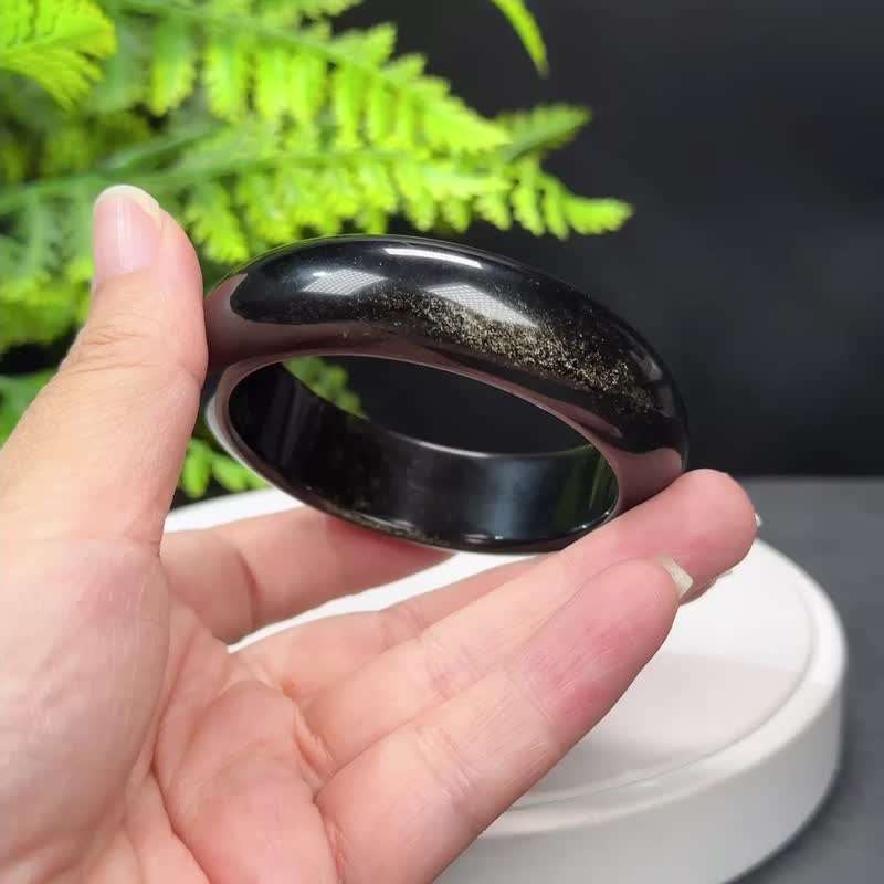 高品质 金曜石手镯 54MM 洒金金沙黑曜石手环 耀眼灵动 开运纳福 - 手链/手环 - 半宝石 金色