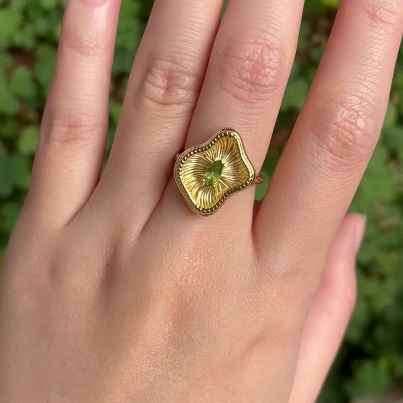 珊瑚造型 橄榄石 925 银镀 18k 金 - 戒指 - 纯银 