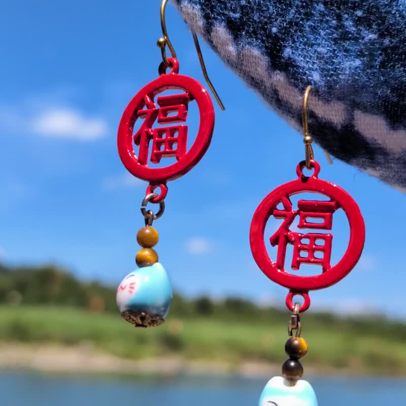 虎眼石招财猫垂坠耳环 - 耳环/耳夹 - 宝石 红色