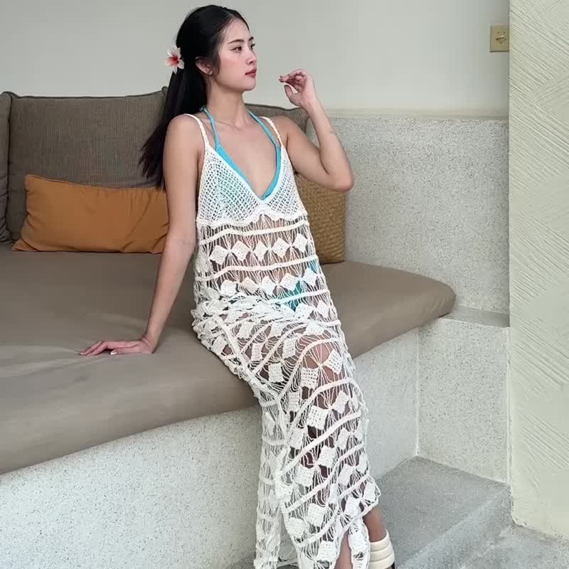 波西米亚海滩手工钩针蕾丝比基尼罩衫，夏季长洋装 - 洋装/连衣裙 - 其他材质 白色