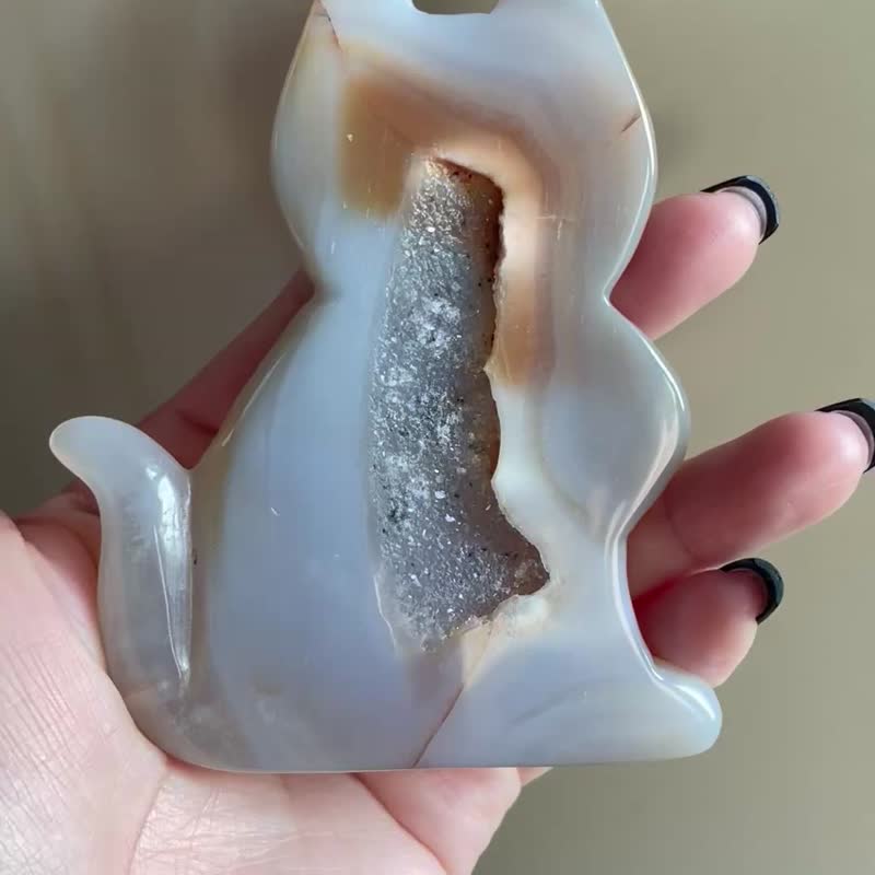 可爱爆棚 闪闪软糖【蓝纹玛瑙晶洞猫咪玛瑙片】猫奴必备/一物一拍 - 摆饰 - 水晶 多色
