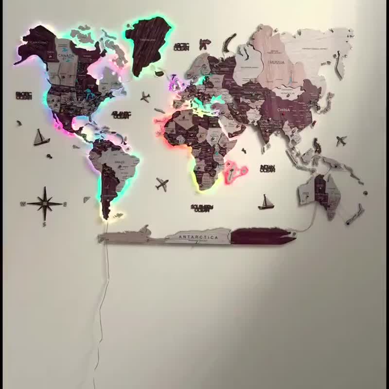 3D 世界地图带 LED 背光现代墙面装饰 3D 墙面艺术 乔迁礼物 - 墙贴/壁贴 - 木头 多色