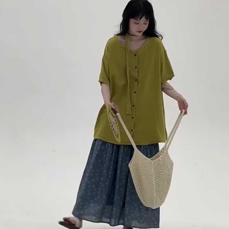 2顔色 腰帶雙層棉紗襯衫 夏季舒適休閒簡約長襯衣 - 女装衬衫 - 棉 绿色