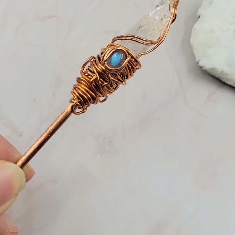 手工绕线 纯铜 白水晶 配拉长石 发簪 - 发带/发箍 - 铜/黄铜 