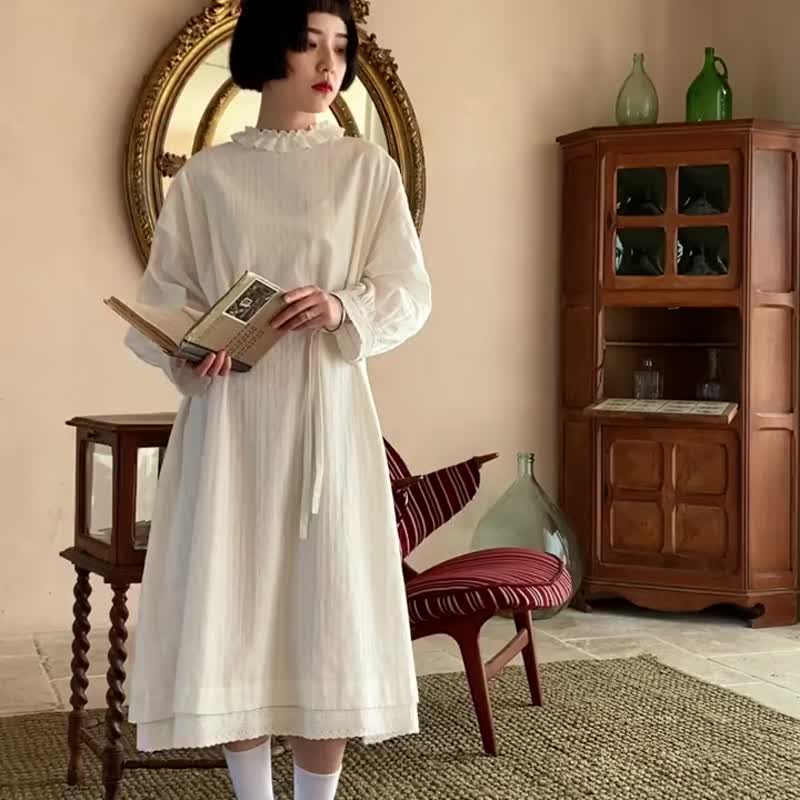 白色 日系復古少女木耳花邊洋裝 圓領提花百搭連身裙 小白裙子 - 洋装/连衣裙 - 棉．麻 白色