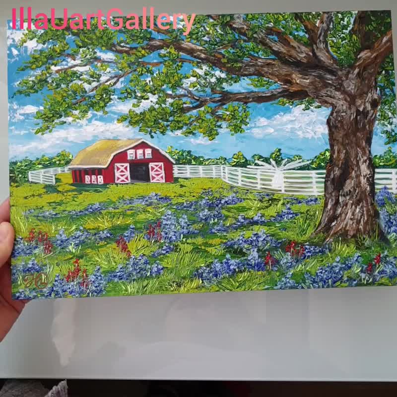 Red Barn Painting Bluebonnet Original Art Texas Wall Art Impasto Oil Painting - 海报/装饰画/版画 - 其他材质 多色