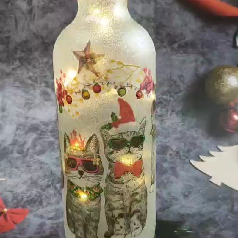 圣诞俏皮黑皮猫让圣诞更嘿皮-艺术摆饰/灯饰/疗愈酒瓶灯 - 灯具/灯饰 - 琉璃 