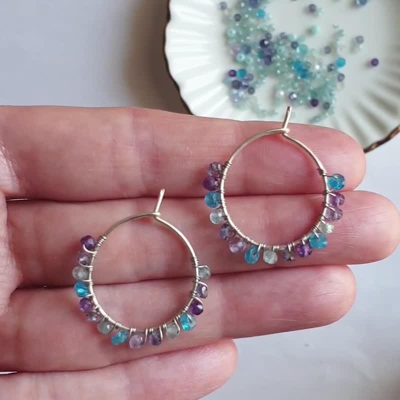 水晶圆圈耳环，925 纯银，海蓝宝石、紫水晶、萤石、磷灰石 - 耳环/耳夹 - 宝石 多色