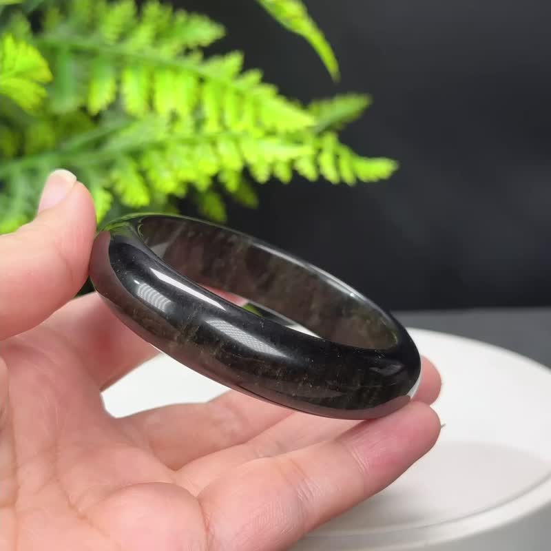 高品质 金曜石手镯 57MM 猫眼金沙黑曜石手环 耀眼灵动 气场魅力 - 手链/手环 - 半宝石 金色