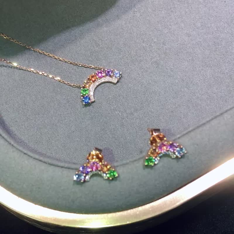 独角兽彩虹花园彩色蓝宝石沙弗莱石榴石钻石18k金宝石项链耳环 - 耳环/耳夹 - 宝石 多色