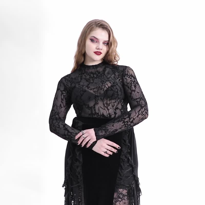 哥德禁忌印花透视网布上衣 / 情侣款 / 仅有XS-2XL - 女装 T 恤 - 其他材质 黑色