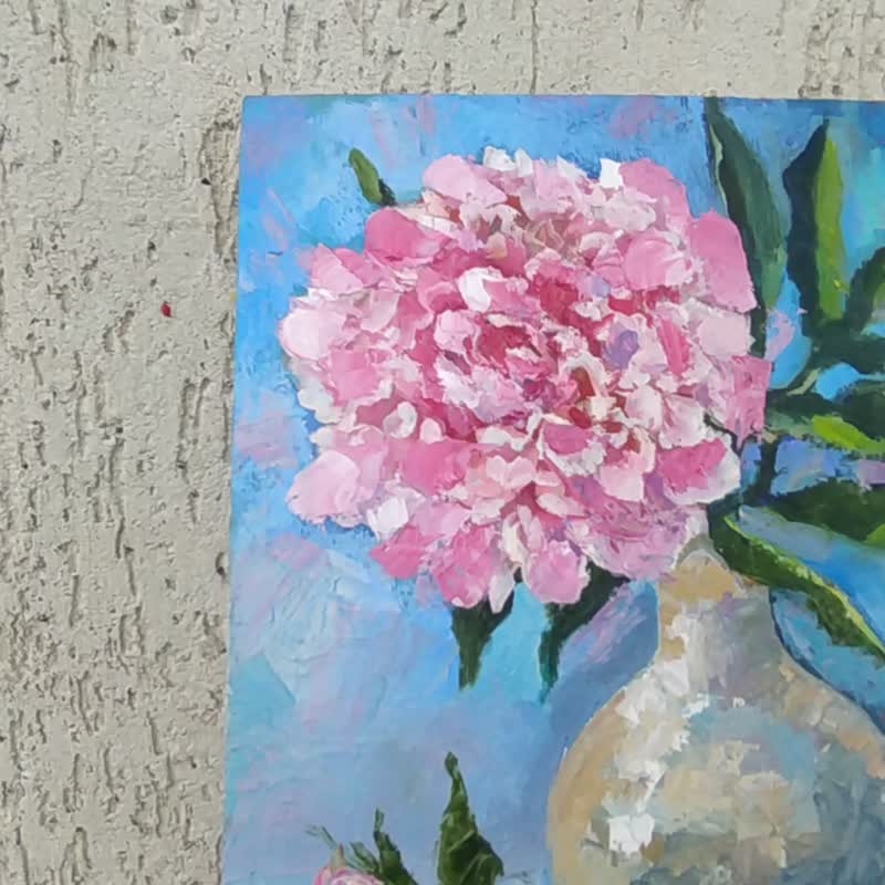 Pink Peony Painting Floral Original Art Canvas Flower Oil Painting - 海报/装饰画/版画 - 其他材质 粉红色