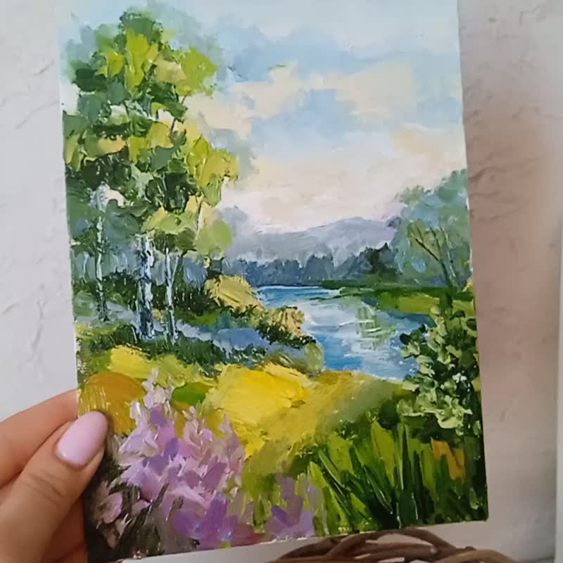 山水画。原创艺术。风景墙艺术。白桦树画。油 - 插画/绘画/写字 - 其他材质 绿色