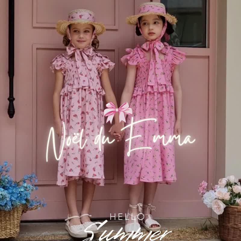 玫瑰蝴蝶结烟熏洋装 - 亮粉色 - 童装礼服/连衣裙 - 其他材质 