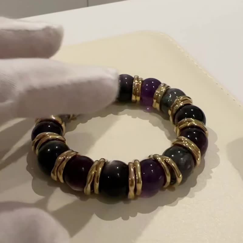 星光加冕 | 天然水晶手镯14mm银曜石龙鳞蓝晶石紫锂云母18K金手镯 - 手链/手环 - 水晶 多色