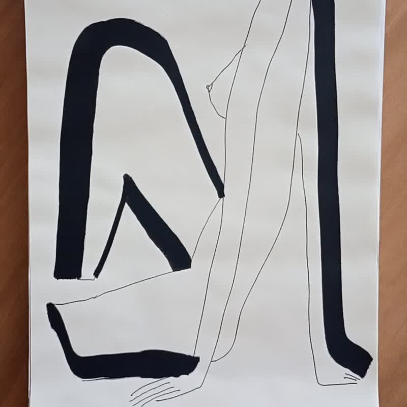坐着的女人裸体绘画现代风格，黑白艺术绘画，膝盖恋物癖 - 海报/装饰画/版画 - 纸 白色