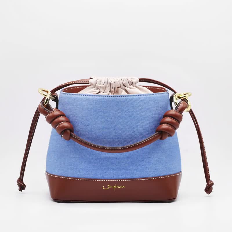 牛仔包 Fuji Bucket Bag 真皮斜背水桶包 / Denim Jeans Espresso - 束口袋双肩包 - 棉 蓝色