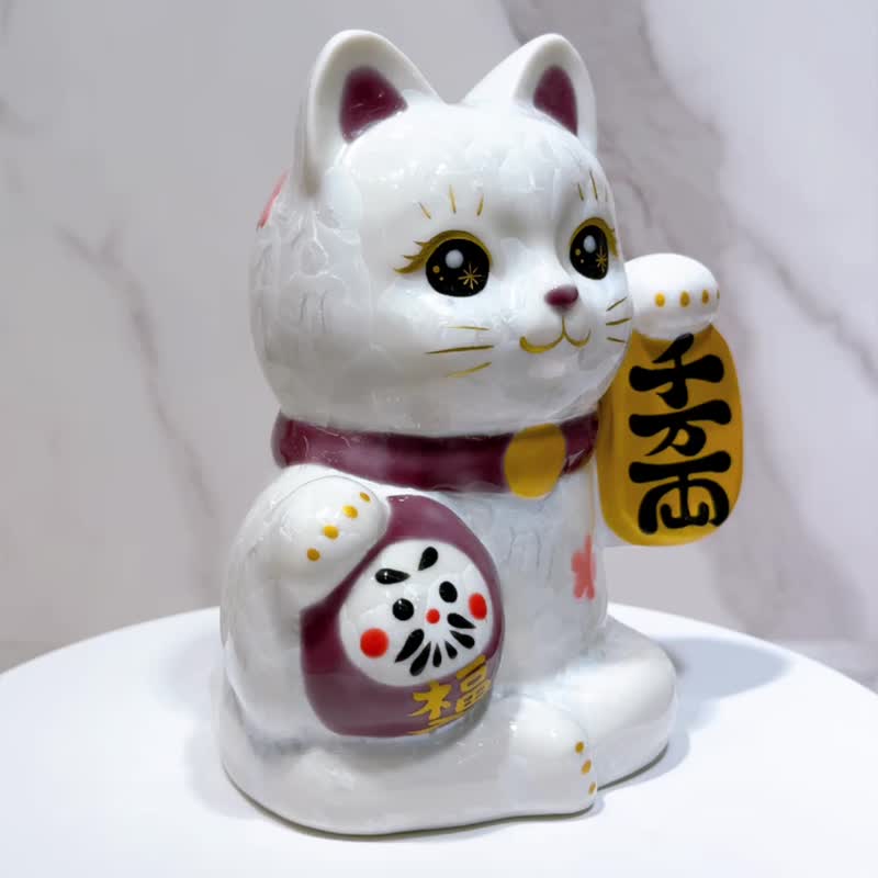 【白晶万両】日本清水烧 | 白色花结晶达摩招财猫 - 千万両开运 - 摆饰 - 瓷 白色