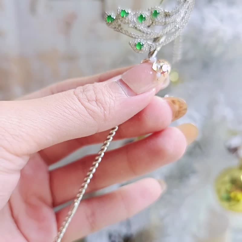 两用款•招财•贵气|凤凰发簪•胸针|A货翡翠冰玻绿放光蛋面纯银 - 胸针 - 玉石 