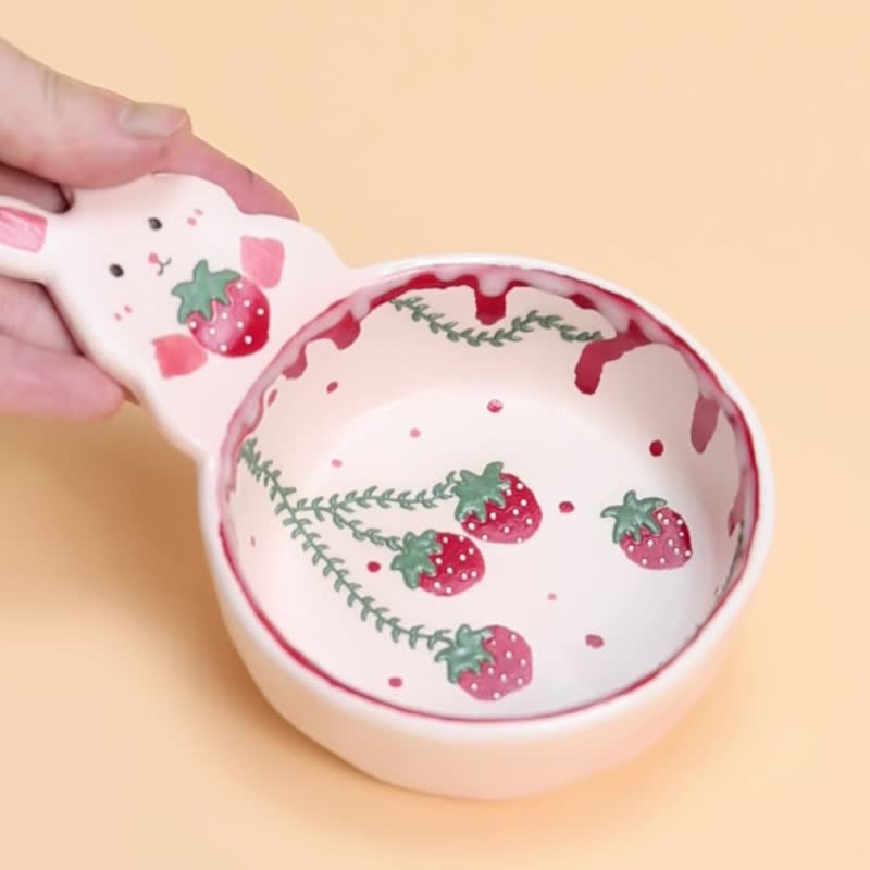 草莓兔子酱料碟咖啡汤匙手工陶瓷可爱兔子迷你碗 - 碗 - 陶 粉红色