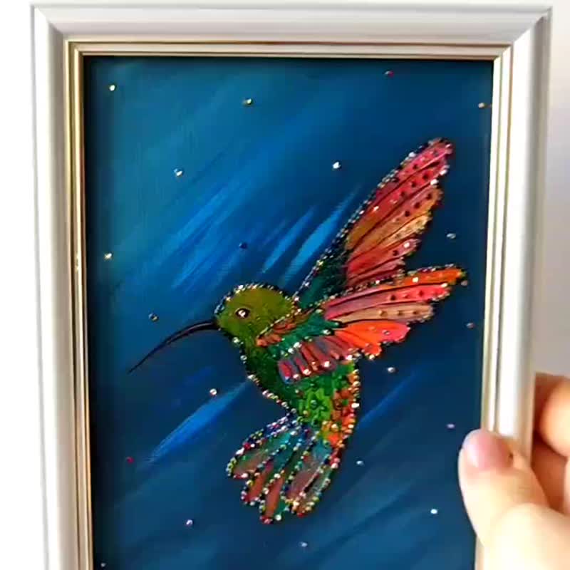 Hummingbird Painting with Crystals Wall Decoration 壓克力畫 Bird Hanging Painting - 墙贴/壁贴 - 压克力 多色