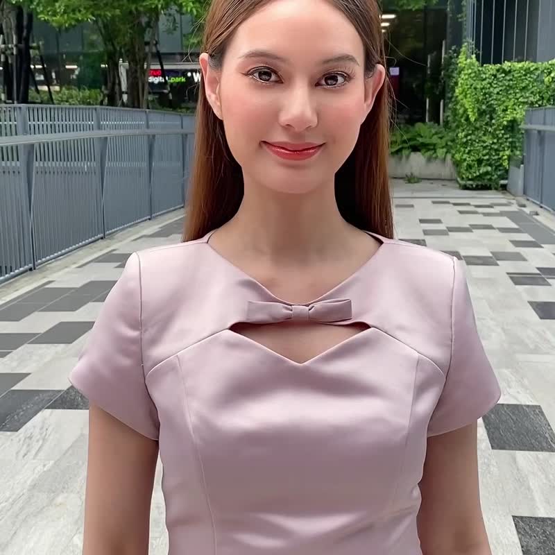 鱼尾短洋装，短袖，柔和的粉红渐层，缎面材质 - 洋装/连衣裙 - 其他材质 粉红色