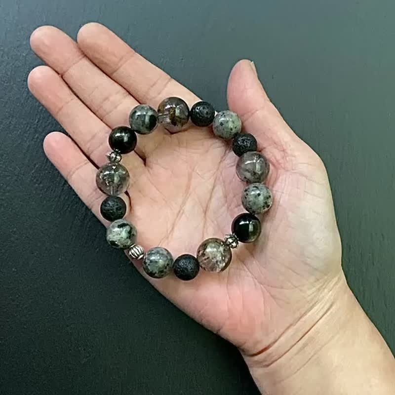 带彩黑闪灵钻x金曜石x火山岩x火焰石925纯银能量手链 定制化 - 手链/手环 - 水晶 多色