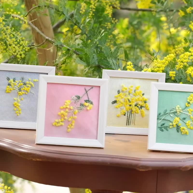 ミモザの花刺繍キット　カラフルなぼかし生地をキャンバスにミモザの花を刺繍しましょう - 编织/刺绣/羊毛毡/裁缝 - 绣线 黄色