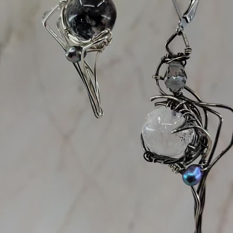 999 纯银 手工绕线 闪灵钻球 长耳环 - 耳环/耳夹 - 纯银 