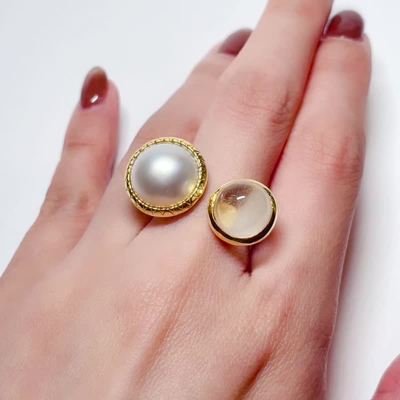 S925纯银马贝珍珠及兔毛发晶戒指 - 戒指 - 珍珠 白色