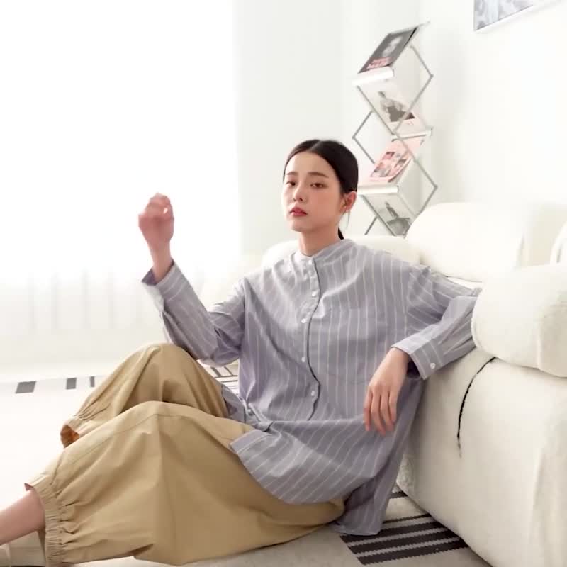 【Simply Yours】条纹圆领衬衫 蓝F - 女装衬衫 - 棉 蓝色